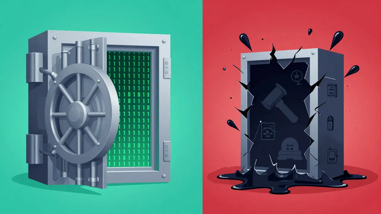 Abstract vault splitting into secure code and leaking illicit funds