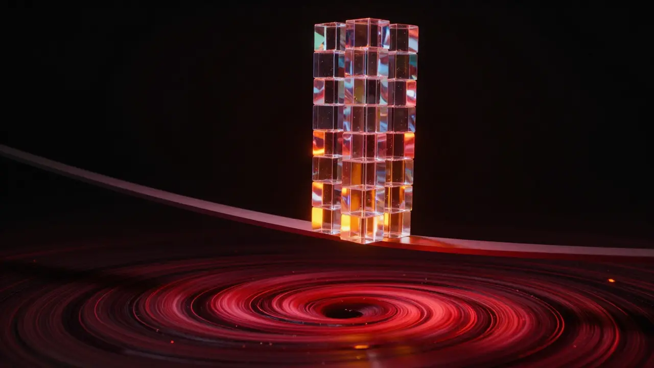 Abstract visualization of DeFi liquidation risk with precarious glass structure