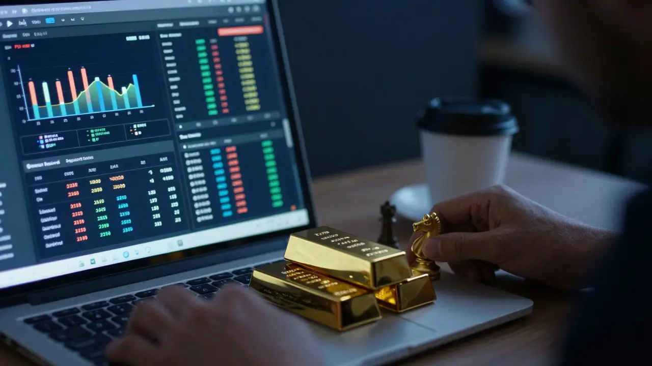 Close up of a trader's desk with gold bars and a laptop showing financial charts