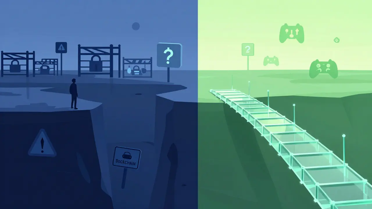 Conceptual split image of investment risks versus blockchain utility