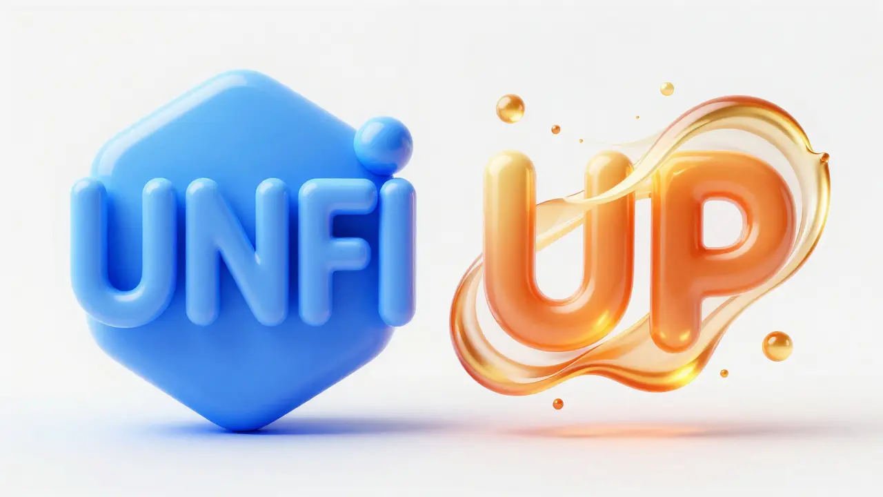 Crystalline UNFI token contrasting with flowing UP reward tokens