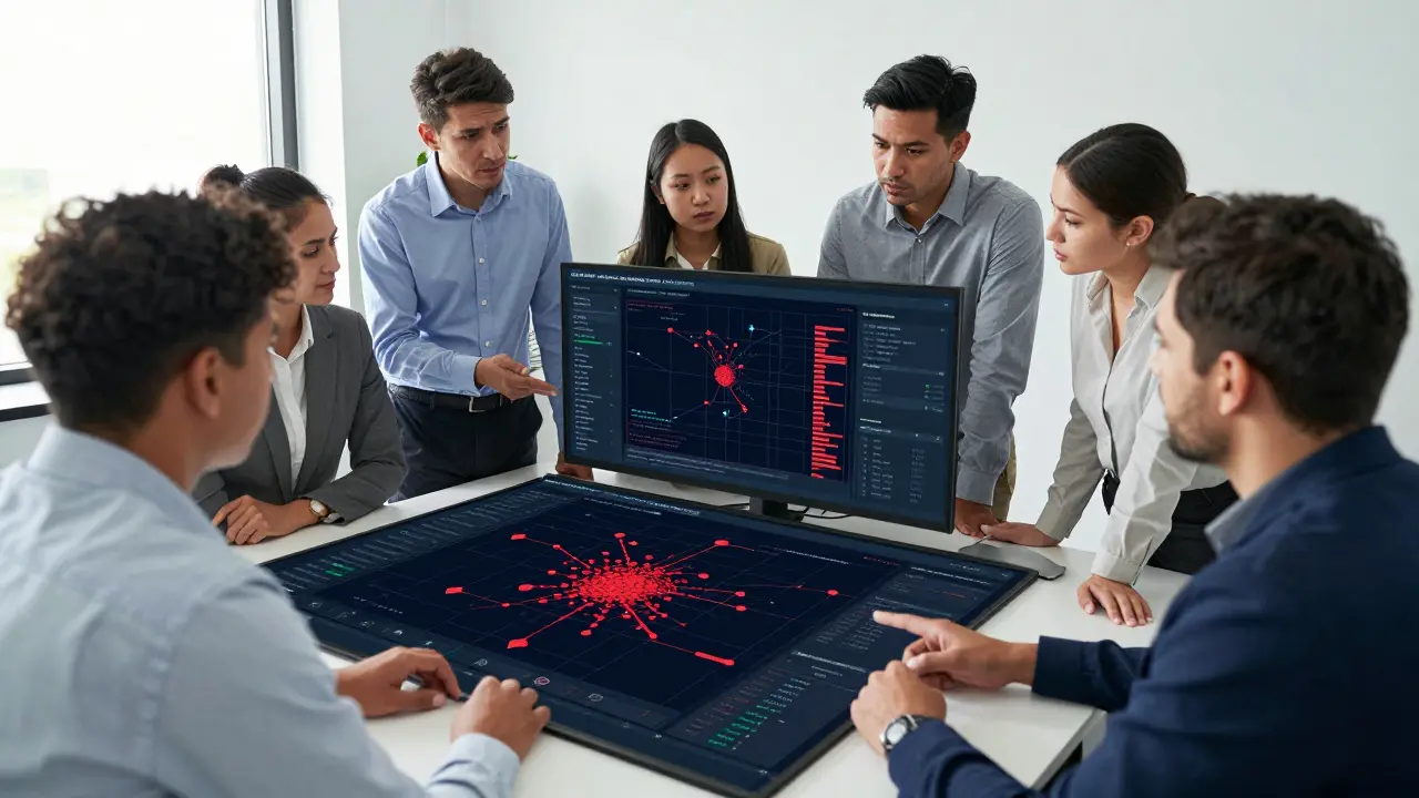 Cybersecurity team analyzing blockchain data on a digital dashboard