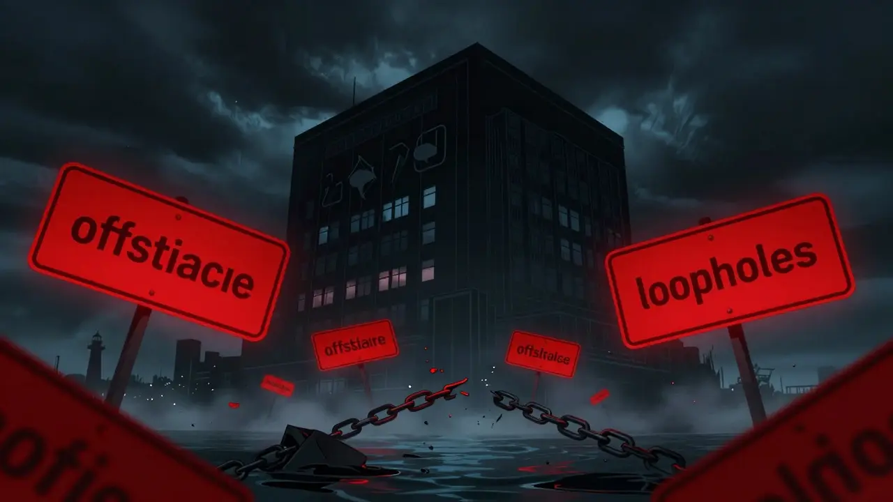 Dark conceptual art showing offshore regulation risks and warnings