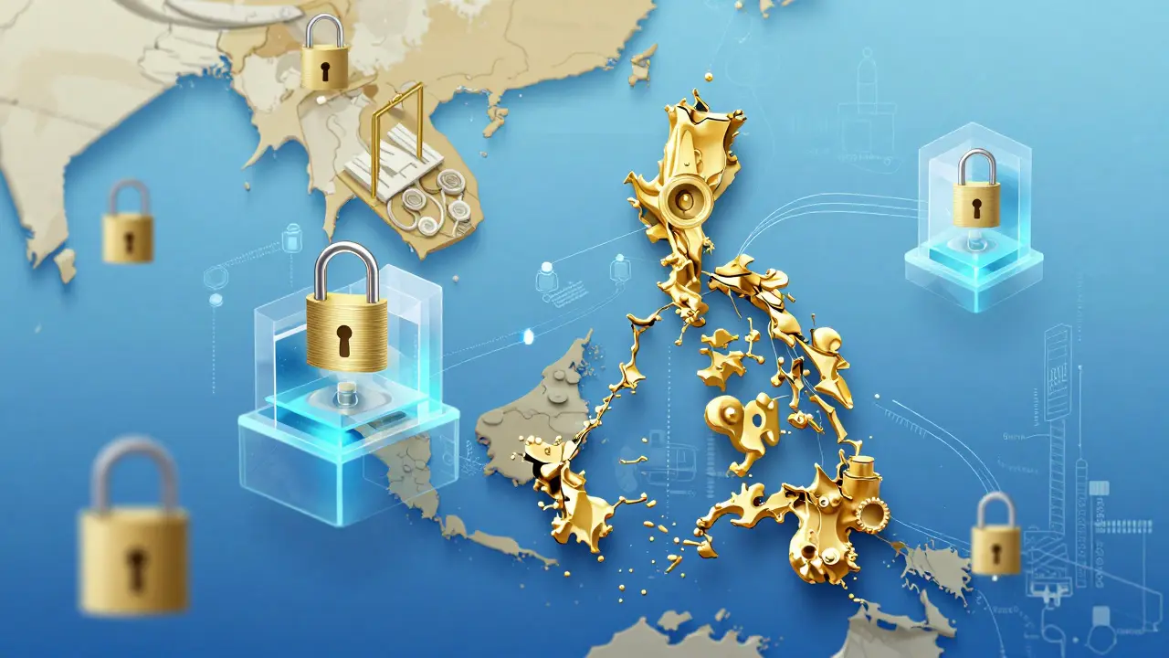Digital illustration of Philippines map with security icons symbolizing FATF compliance success