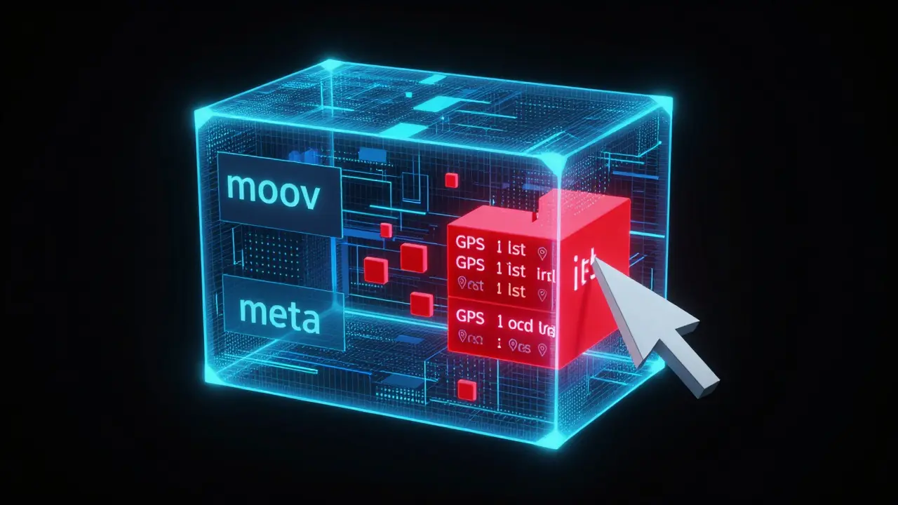 Digital visualization of video file structure with GPS metadata being removed