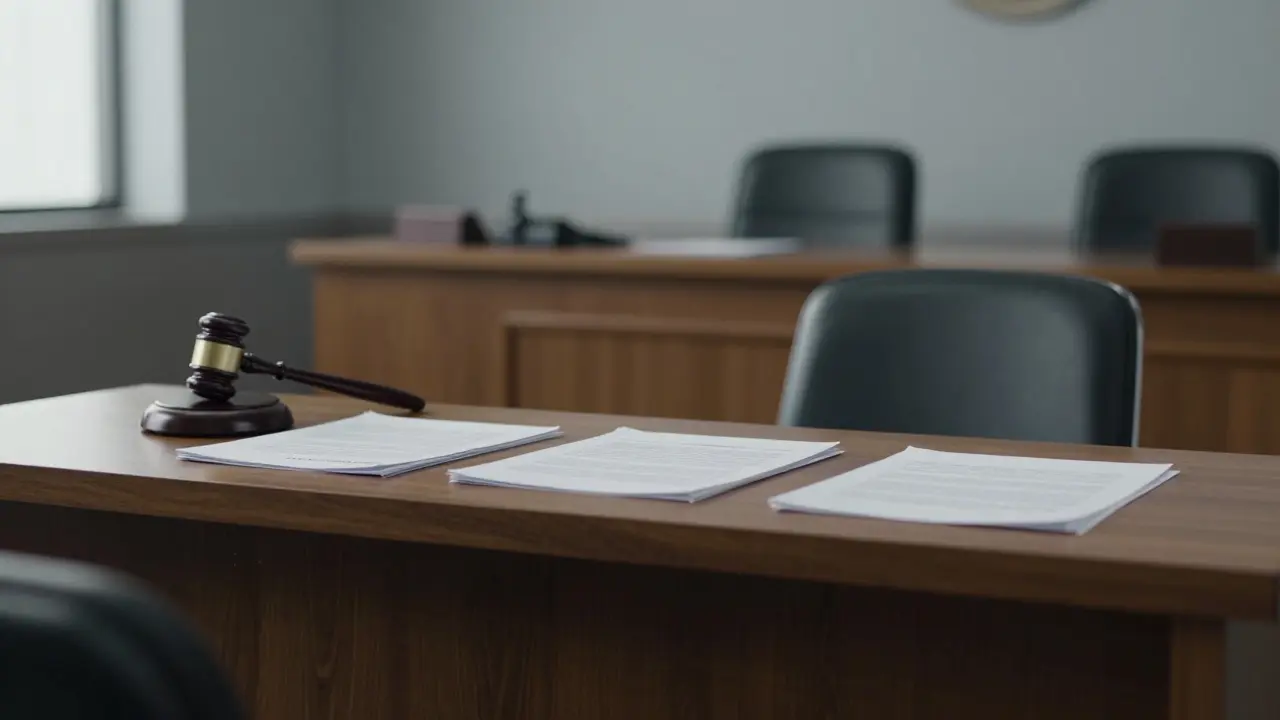 Empty defendant chair in a tense federal courtroom setting