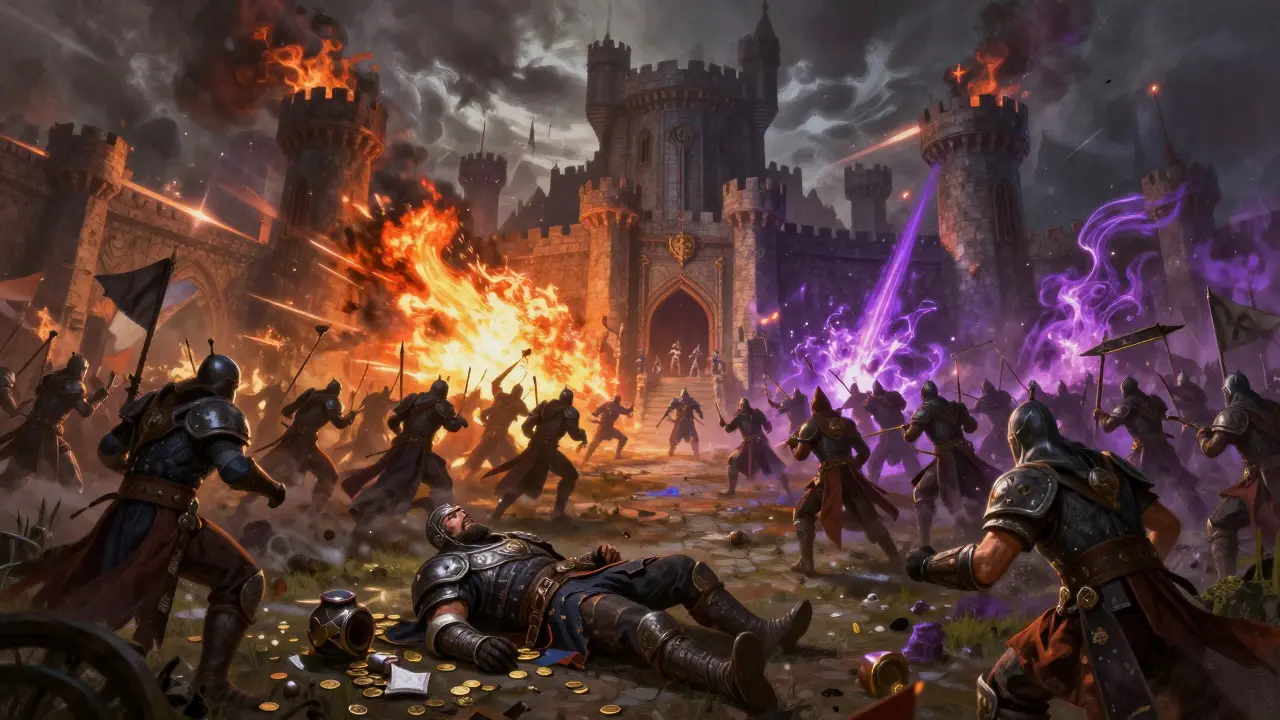 Fantasy castle siege battle scene with warriors dropping items upon defeat in MagicCraft game.