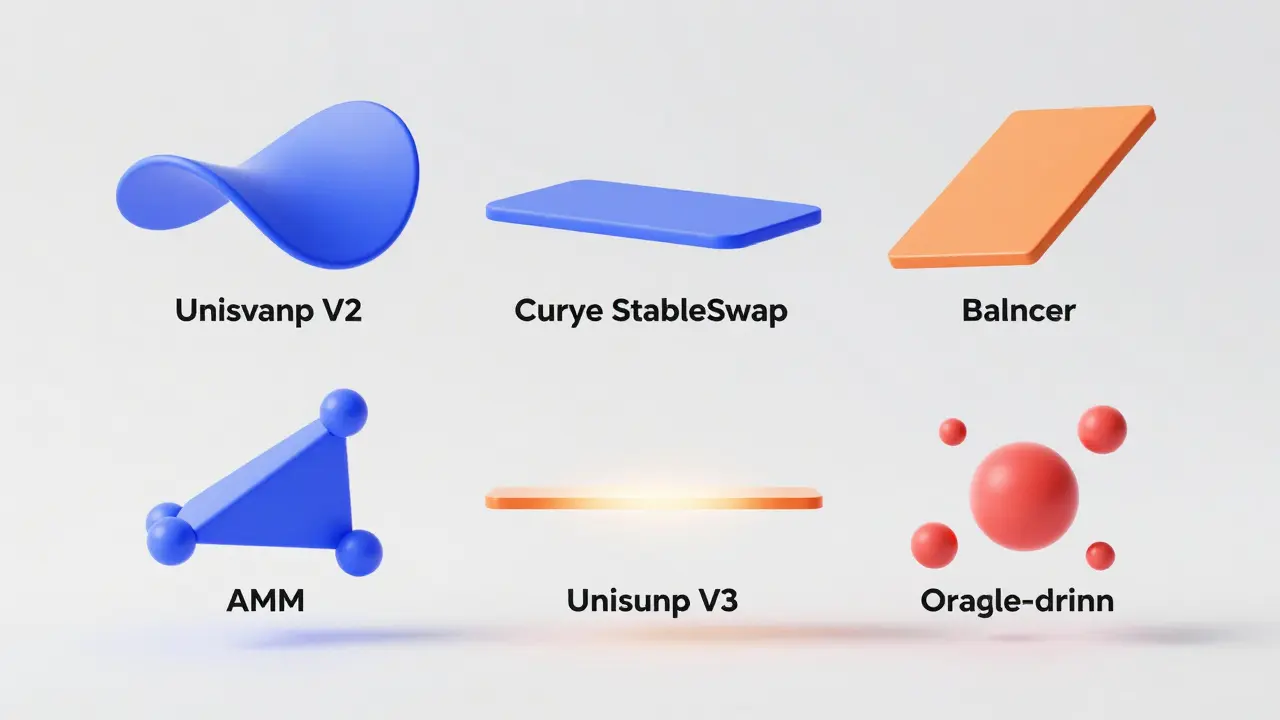 Five geometric shapes representing different AMM mathematical models and risk levels