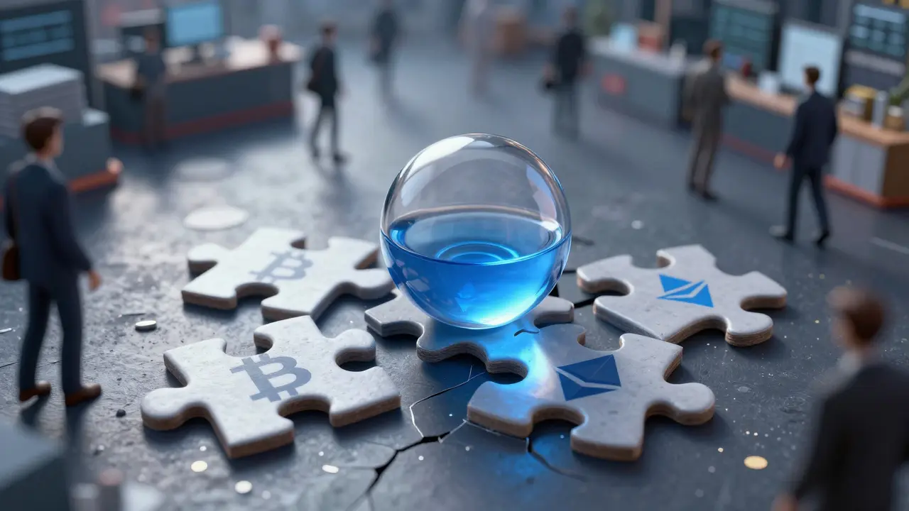 Fragile glass sphere with low liquid on unstable puzzle pieces symbolizing illiquidity