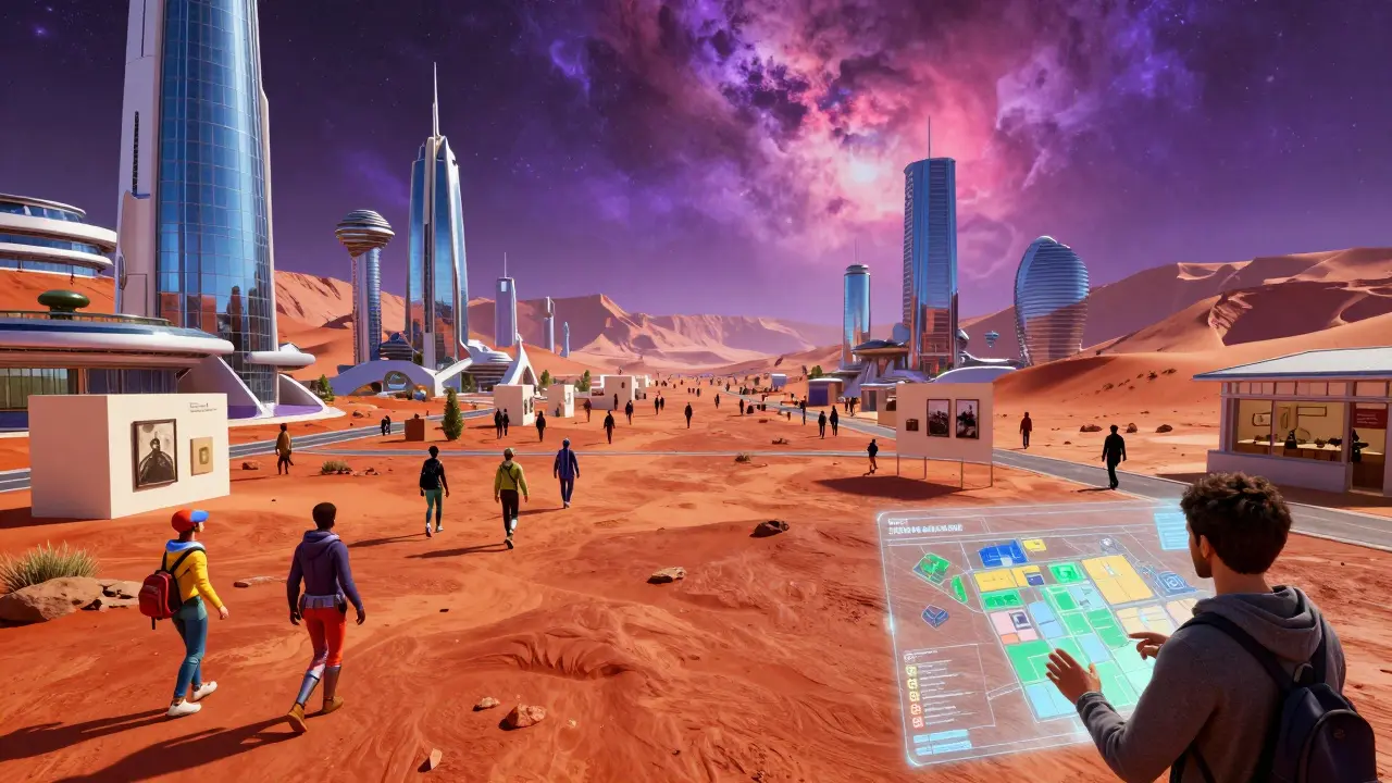 Futuristic Martian cityscape in the USM Metaverse with avatars and virtual buildings.