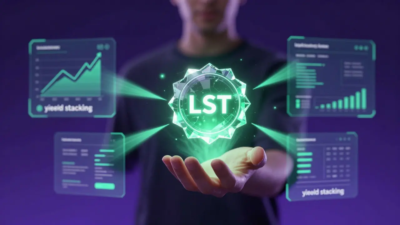 Glowing LST token connected to multiple DeFi platforms illustrating yield stacking and composability.