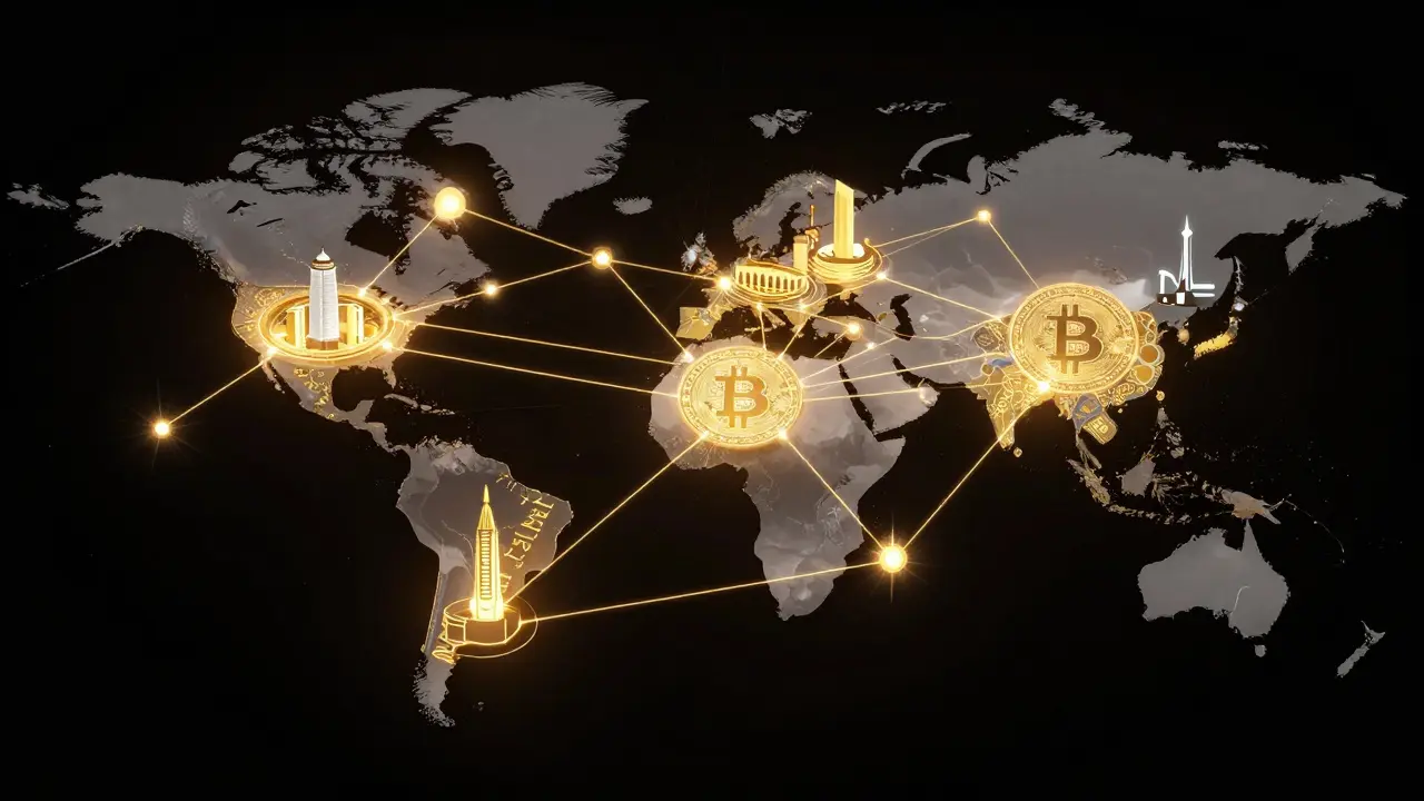 Glowing network diagram illustrating global crypto money laundering routes