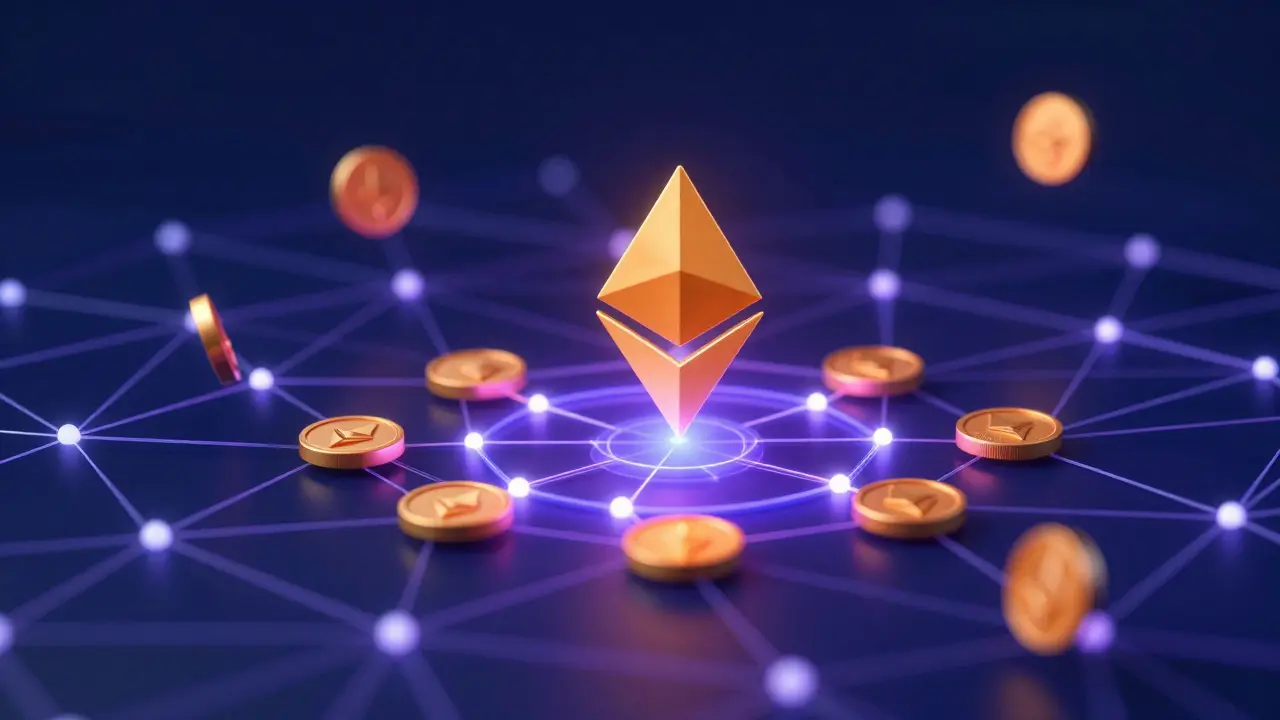 Glowing TURBO token floating inside Ethereum blockchain network