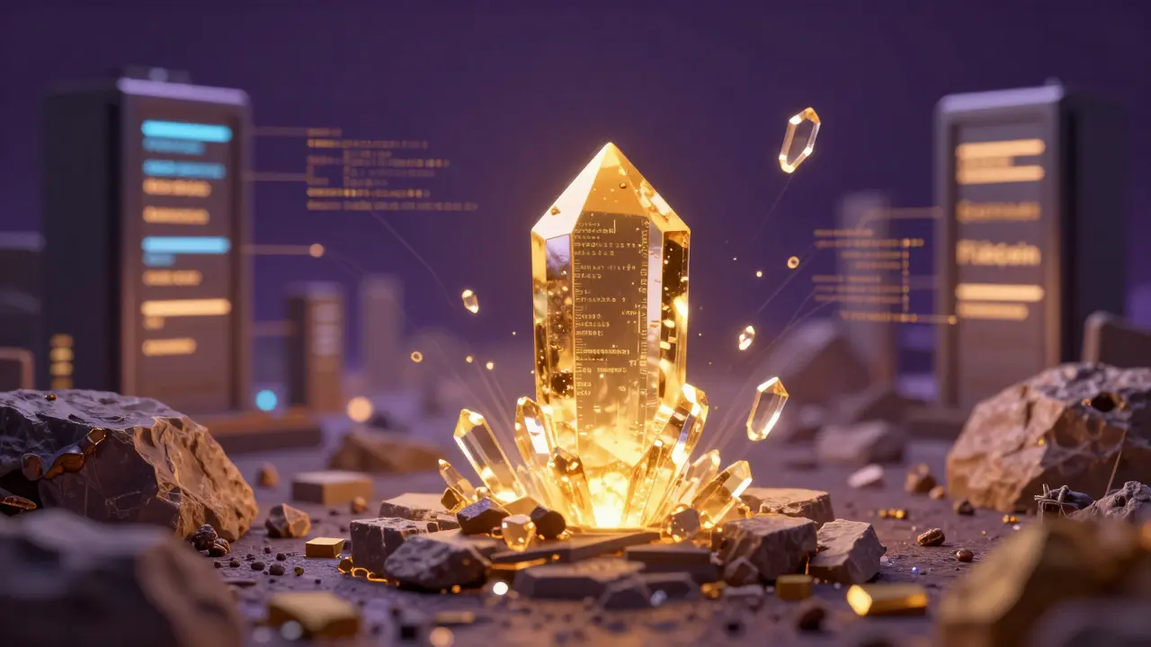 Golden blockchain crystal with connected data streams