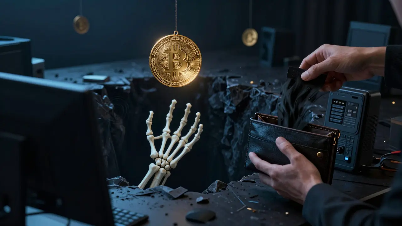 Golden crypto coin luring a user into a digital trap where funds are stolen by a void.