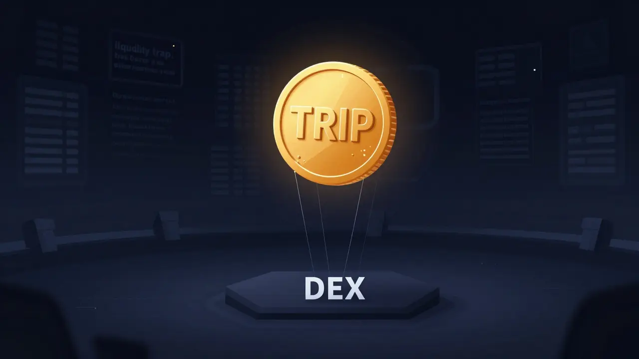 Golden TRIP coin isolated above empty exchange showing low liquidity