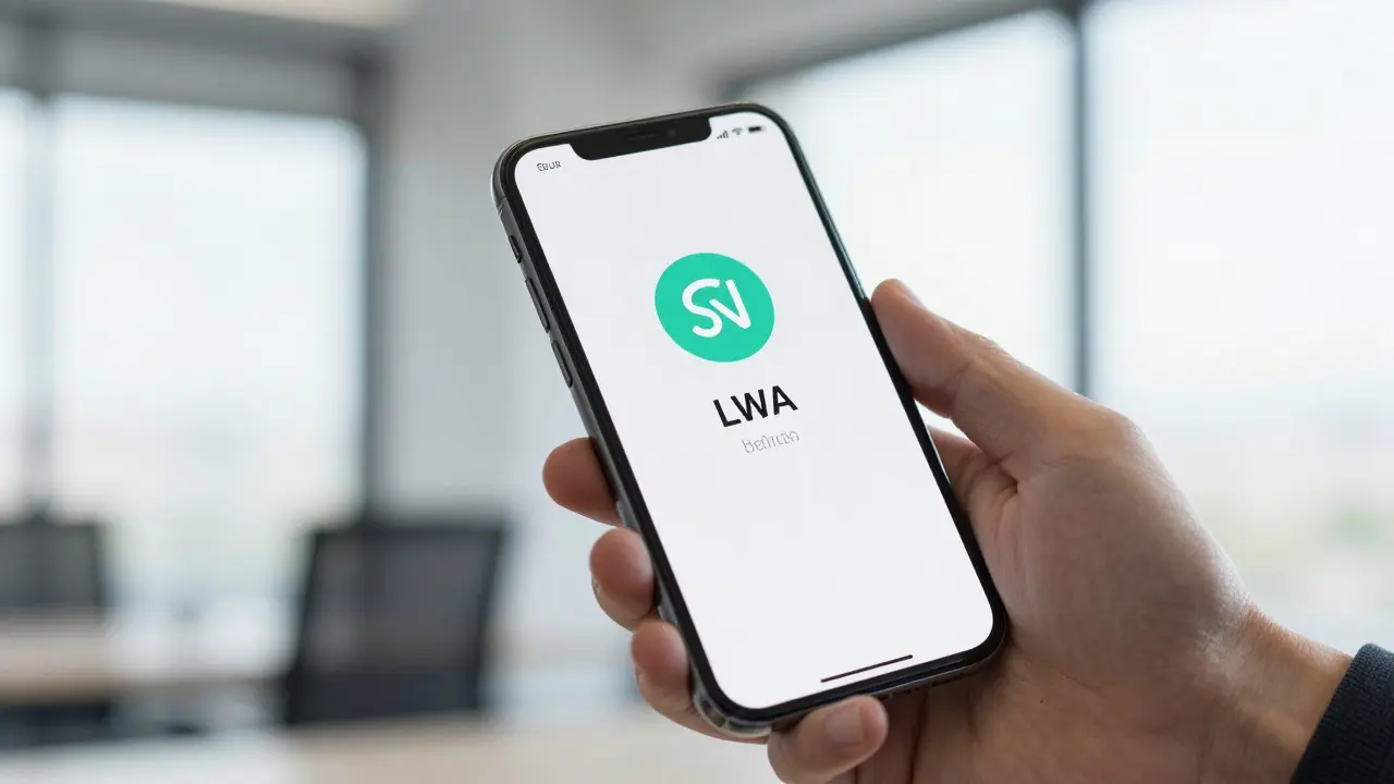 Hand holding phone showing LWA crypto wallet interface in a modern office setting.