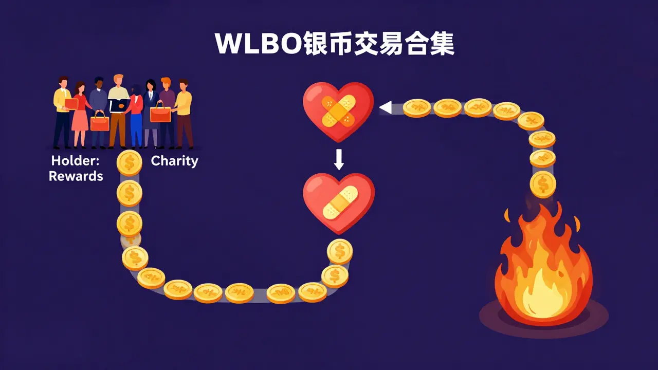 Illustration showing token fees split into rewards, charity, and burning