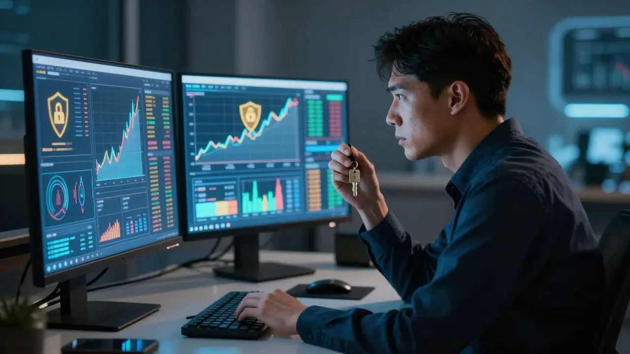 Investor monitoring crypto risks on holographic screens