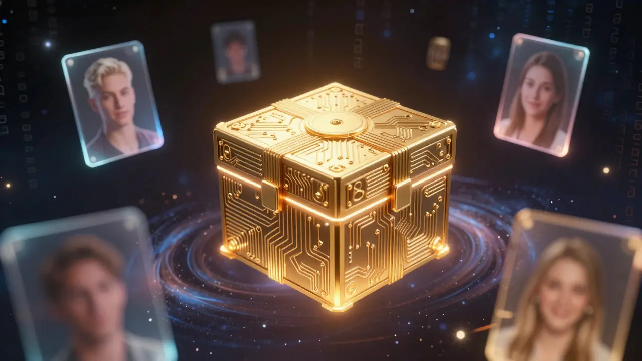 Mysterious golden mystery box NFT floating in space with celestial background.