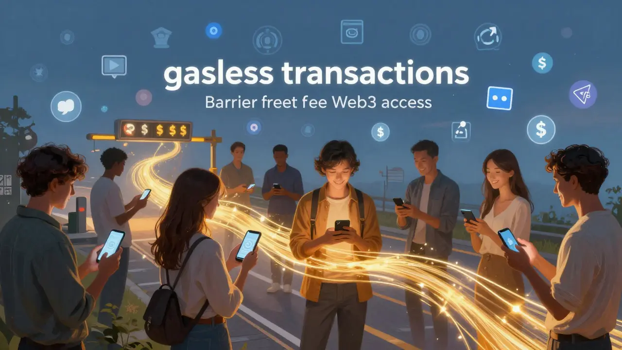 People using phones connected by light streams bypassing fee barriers