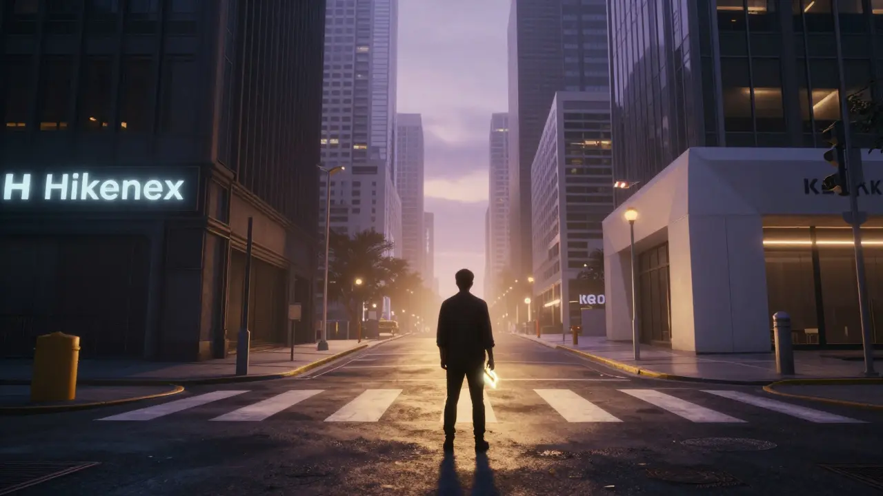 Person choosing between dark foggy alley and bright secure city path for crypto trading