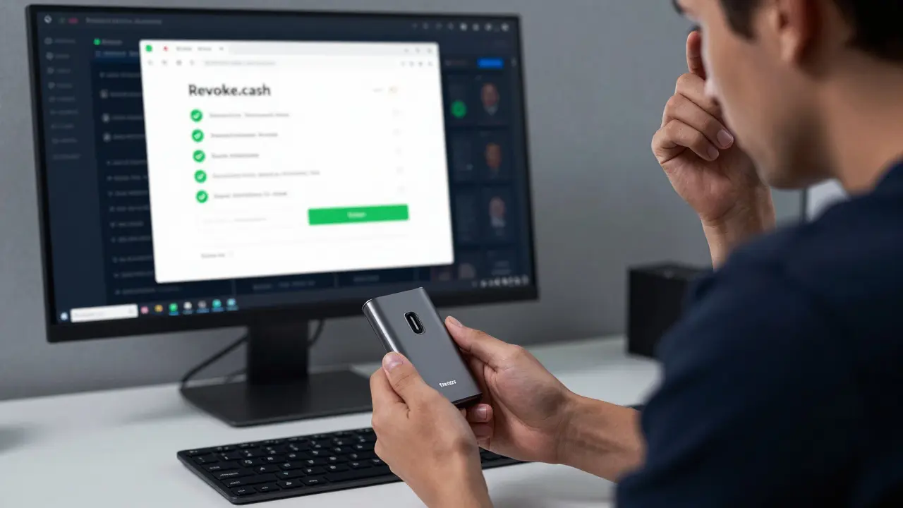 Person securing assets with hardware wallet and revoking permissions