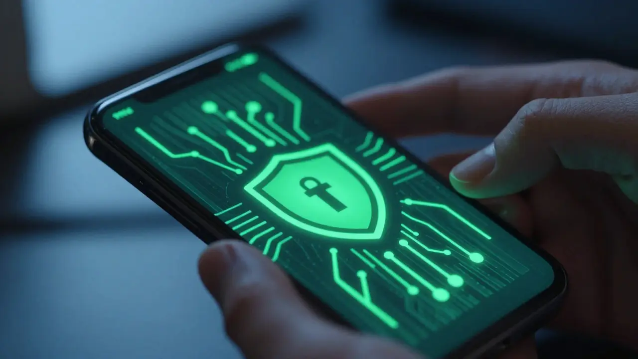 Person verifying crypto wallet security with abstract shield icon
