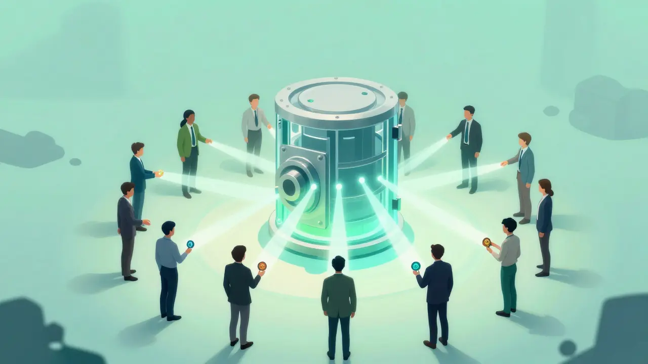 Secure decentralized vault surrounded by community stakers