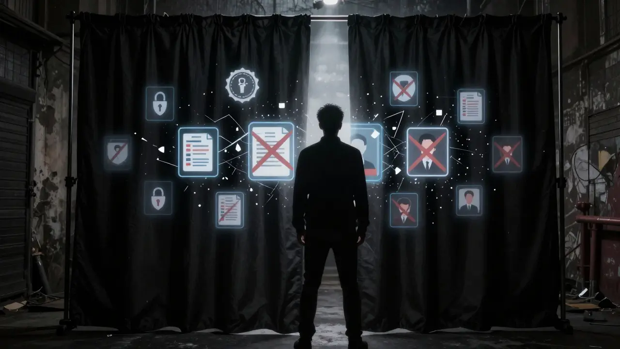 Silhouette behind curtain with shattered security icons