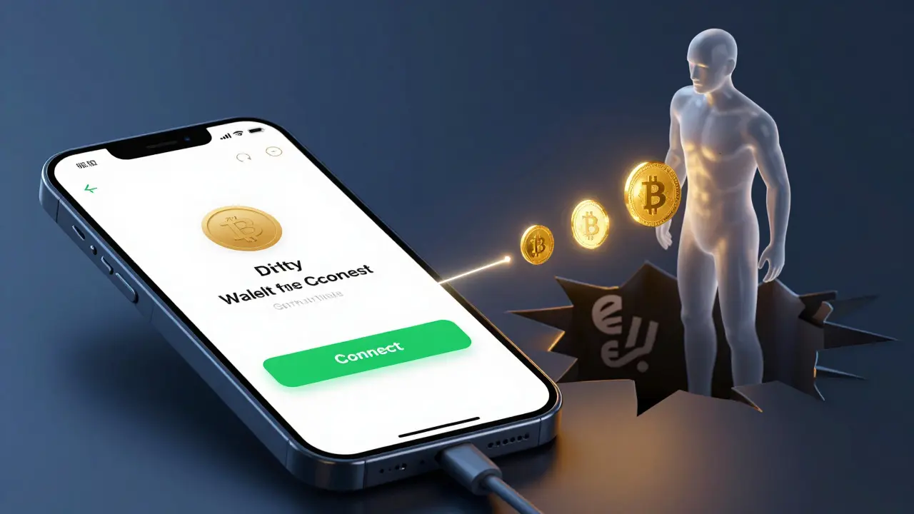 Smartphone showing fake wallet connection draining user assets