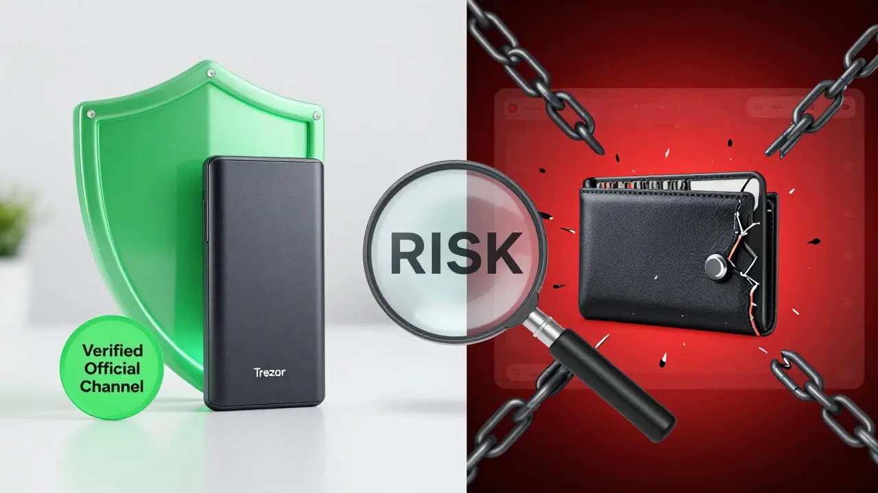 Split image showing secure hardware wallet protection versus a hacked digital wallet.