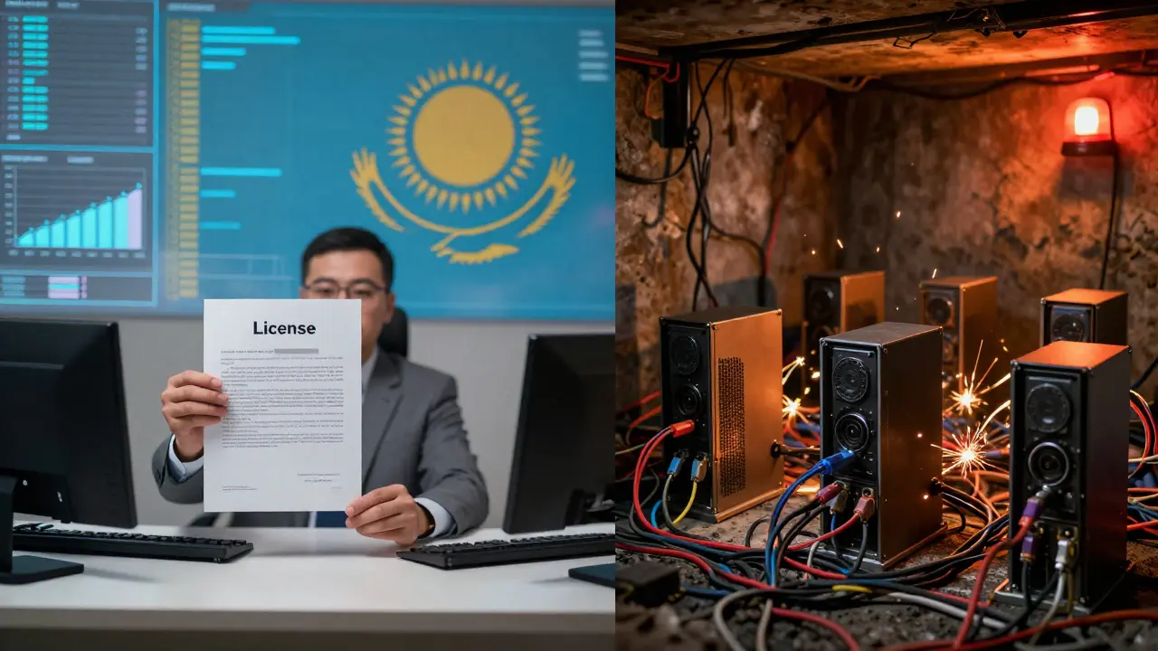 Split view contrasting regulated office mining with chaotic illegal underground rigs
