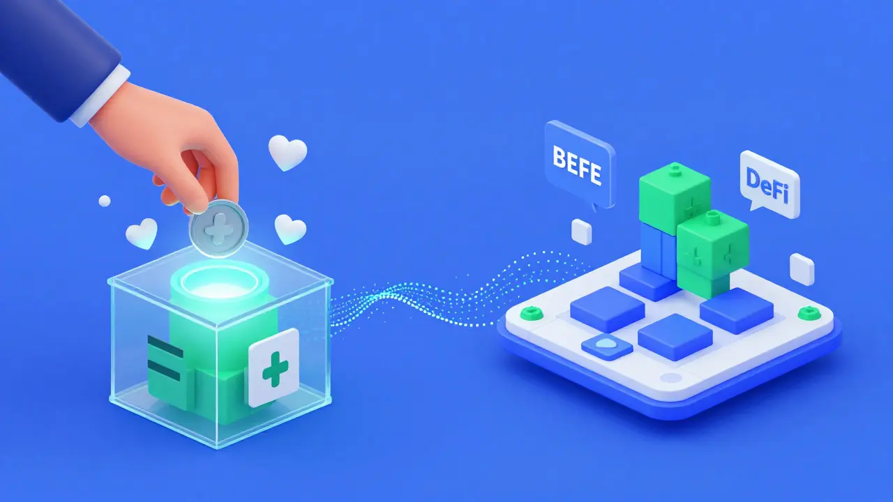 Split visual showing charity donations and decentralized exchange building process.