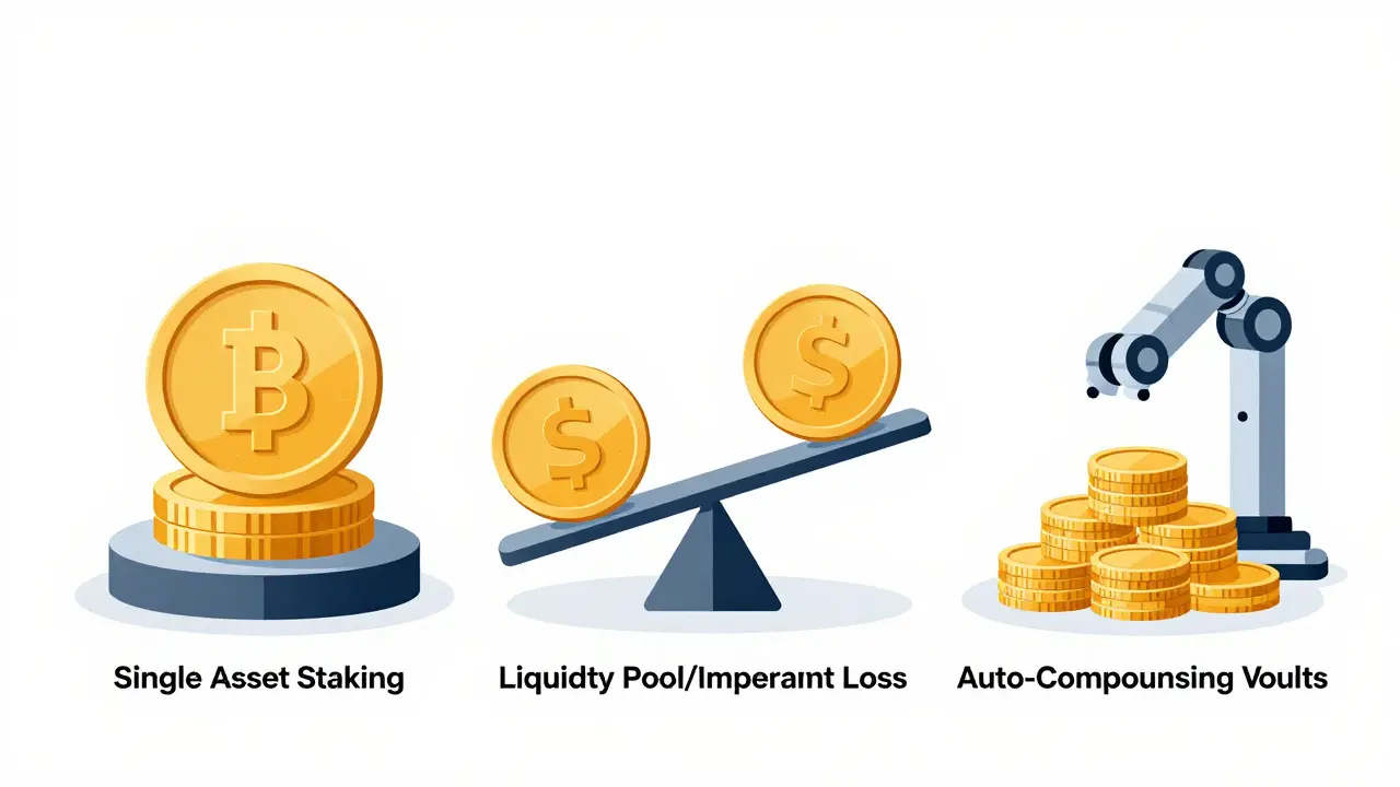 Three visual metaphors for yield farming strategies