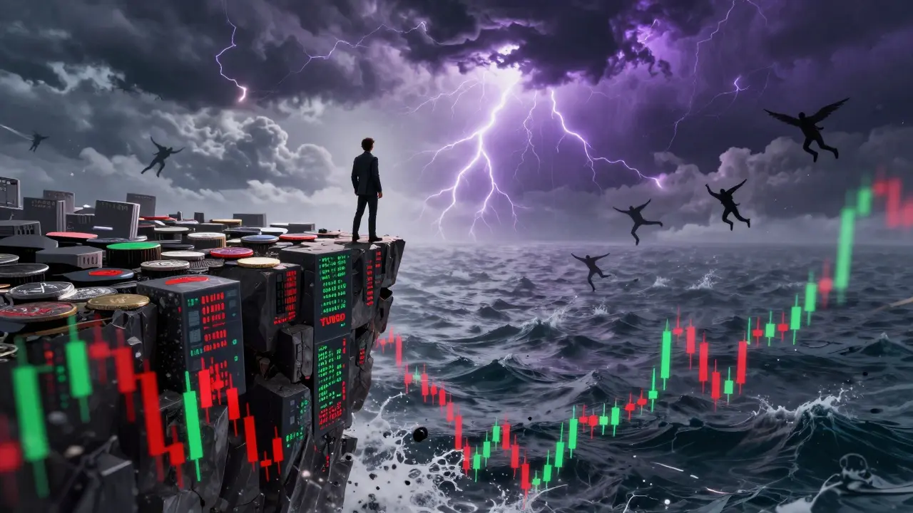 Trader on cliff edge overlooking volatile crypto market charts