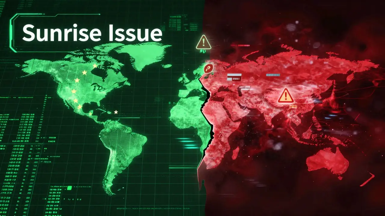 Visual metaphor of fragmented borders between compliant and non-compliant crypto zones.