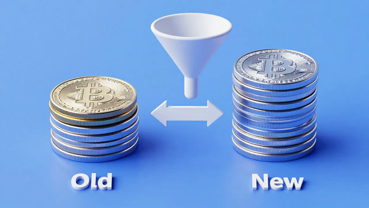 3D graphic illustrating FIFO method with old and new Bitcoin stacks being sorted