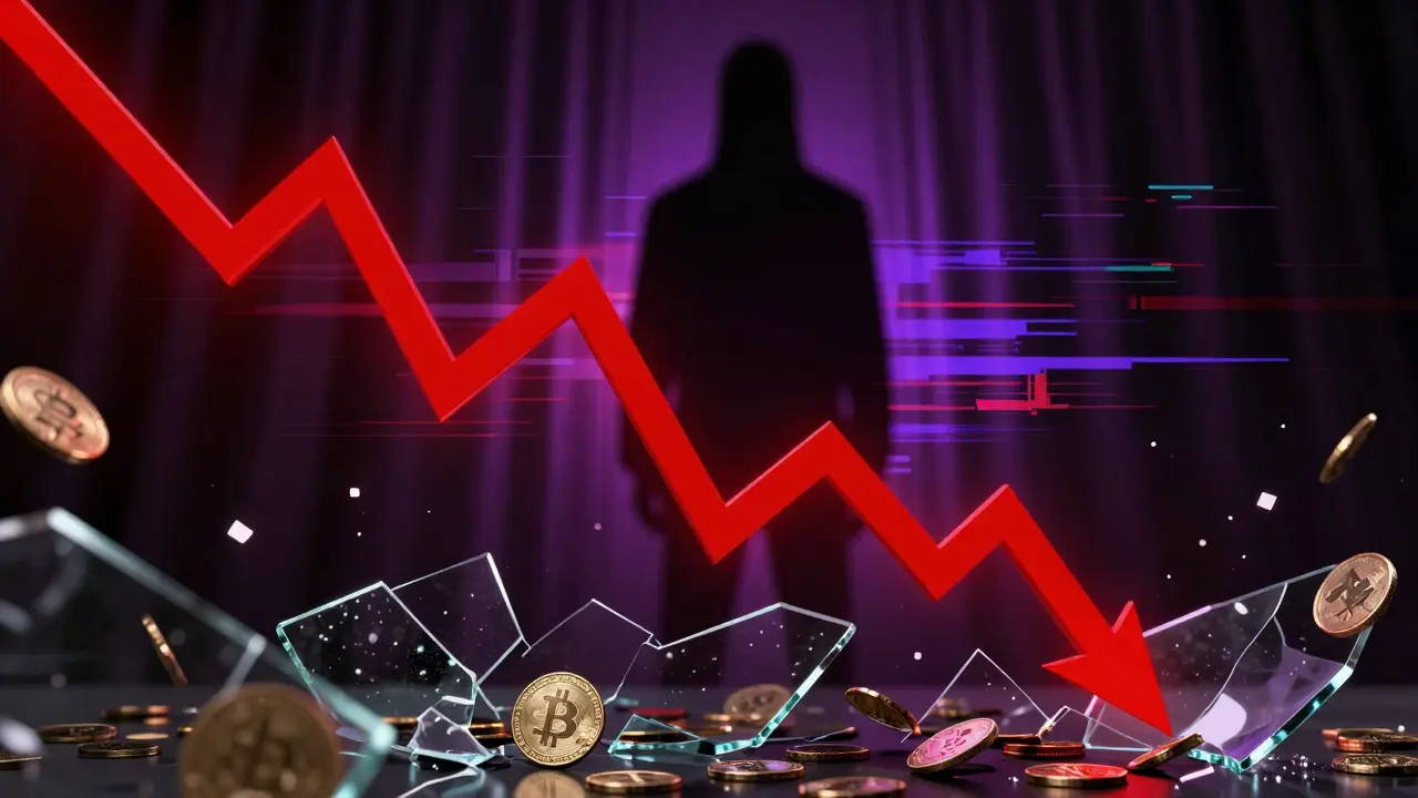 Abstract red chart crashing down amidst broken glass, symbolizing crypto market risk and volatility