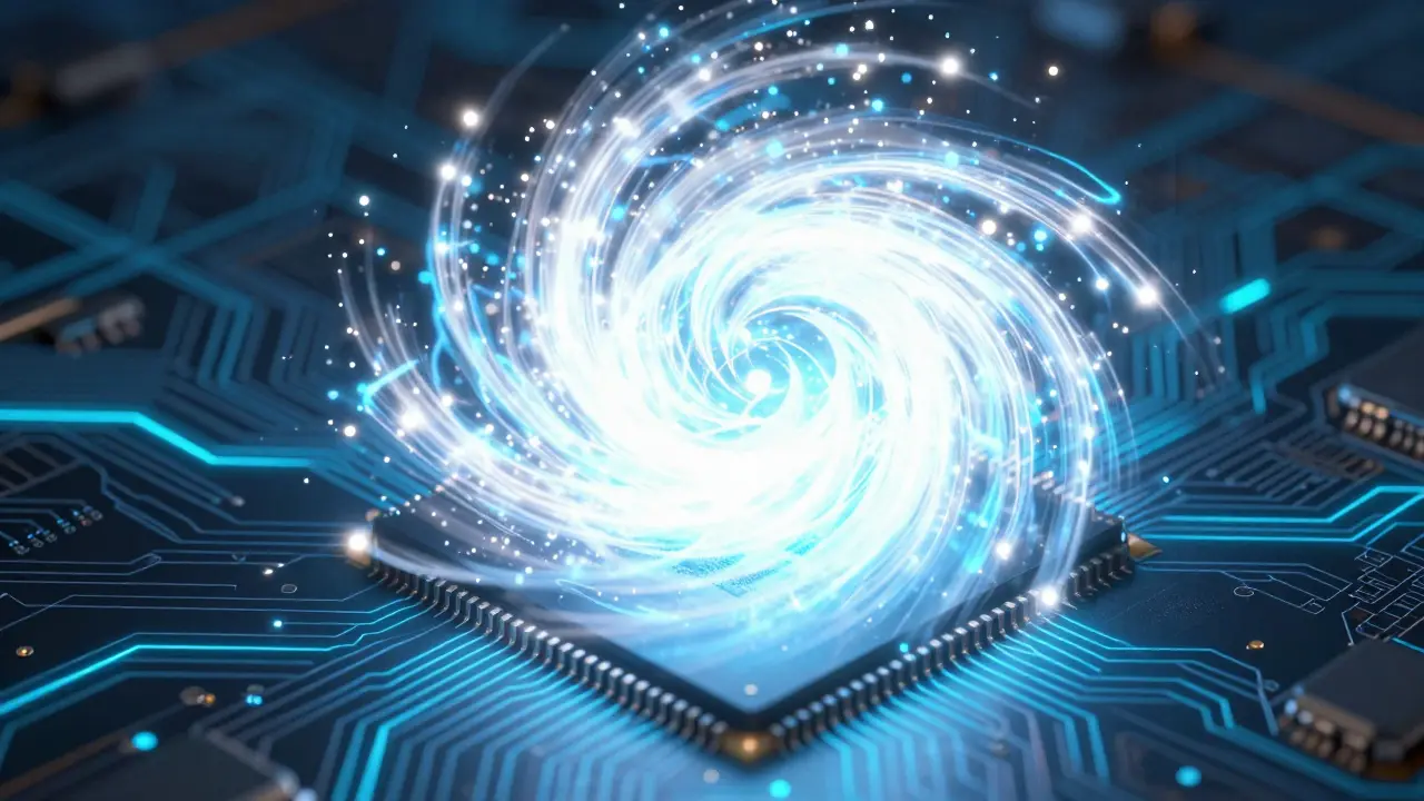Abstract visualization of random entropy generating crypto keys in a chip.