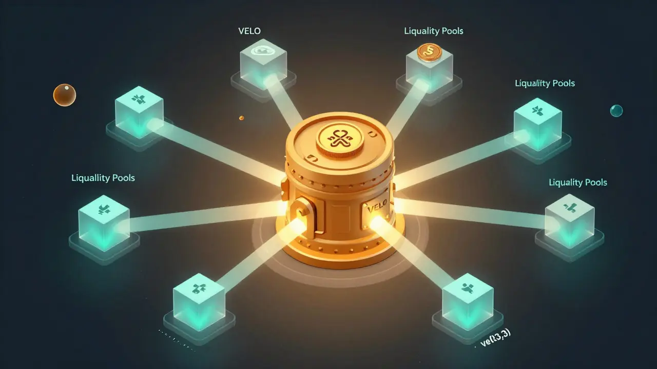Abstract visualization of token locking and fee distribution flows in a decentralized governance model.