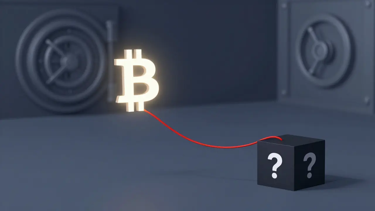 Bitcoin isolated from banking systems, connected to an opaque mystery box