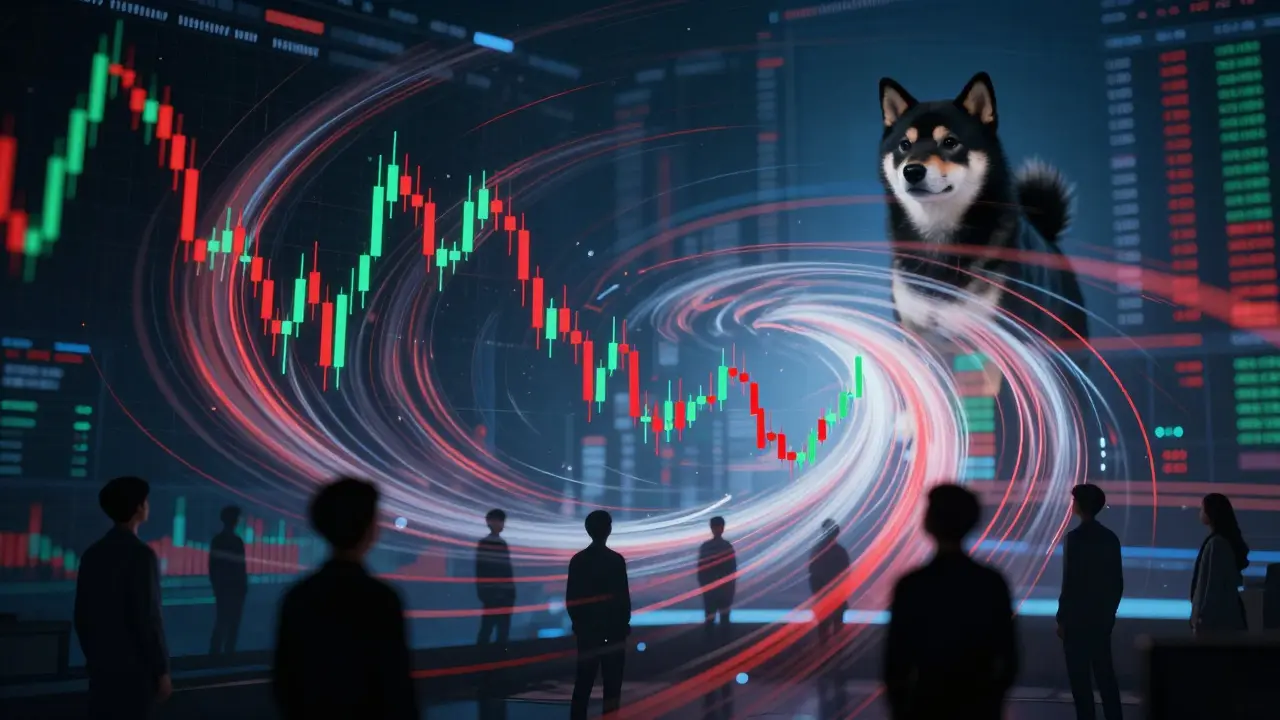 Chaotic stock chart vortex with silhouettes of traders and a distant dog