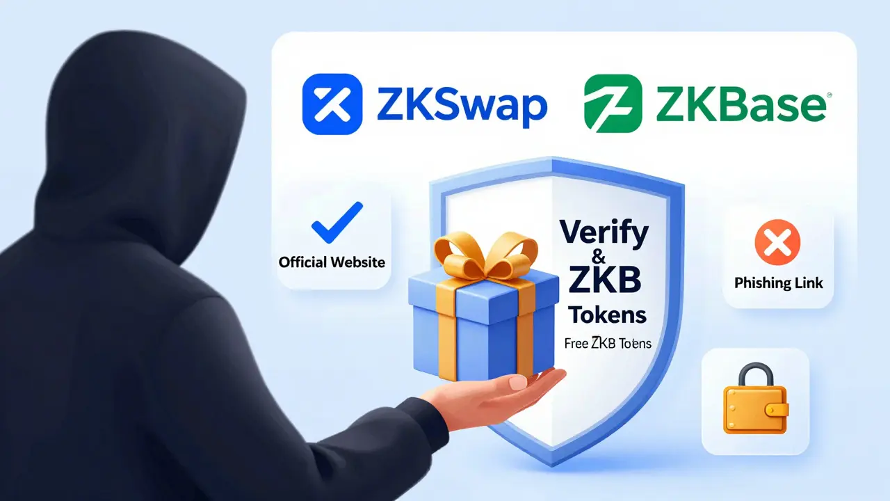 Conceptual art depicting a user protecting their wallet from a fake ZKB airdrop scam using verification shields.