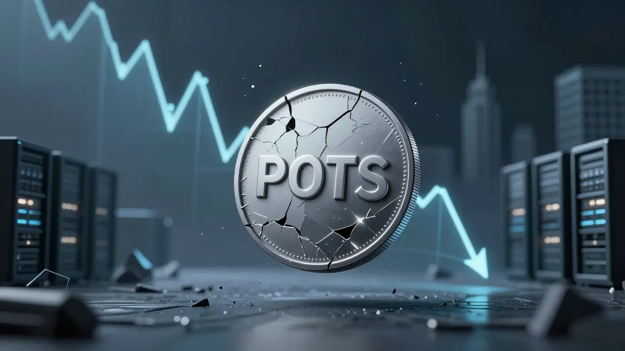 Crumbling POTS token in desolate digital landscape with crashing charts