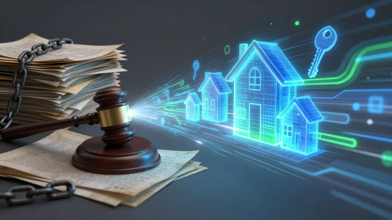 Digital art contrasting old paper deeds with glowing blockchain transaction streams