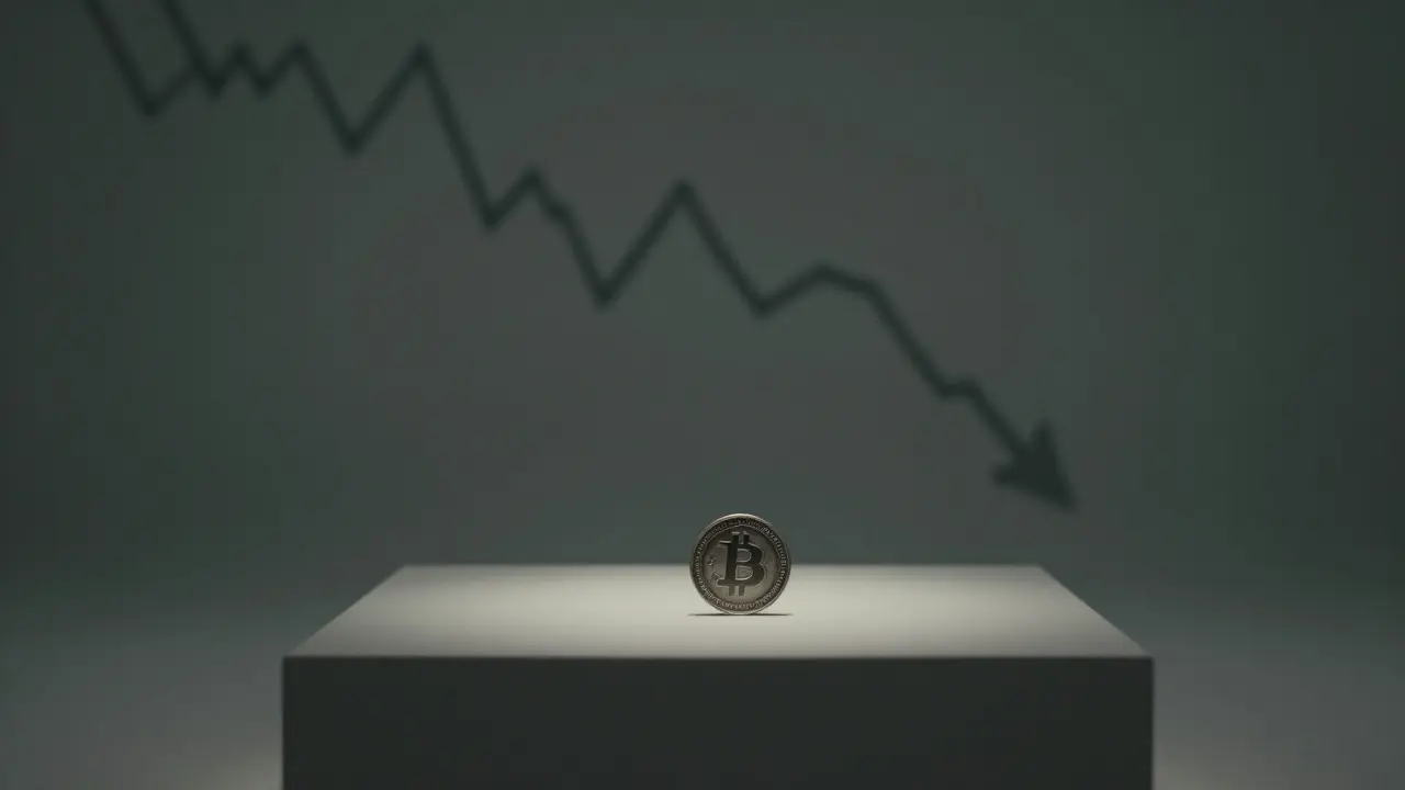 Dimly lit coin on a pedestal with a fading downward trend line in background