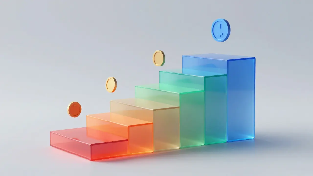 Floating glass tiers changing color from red to blue representing interest rates