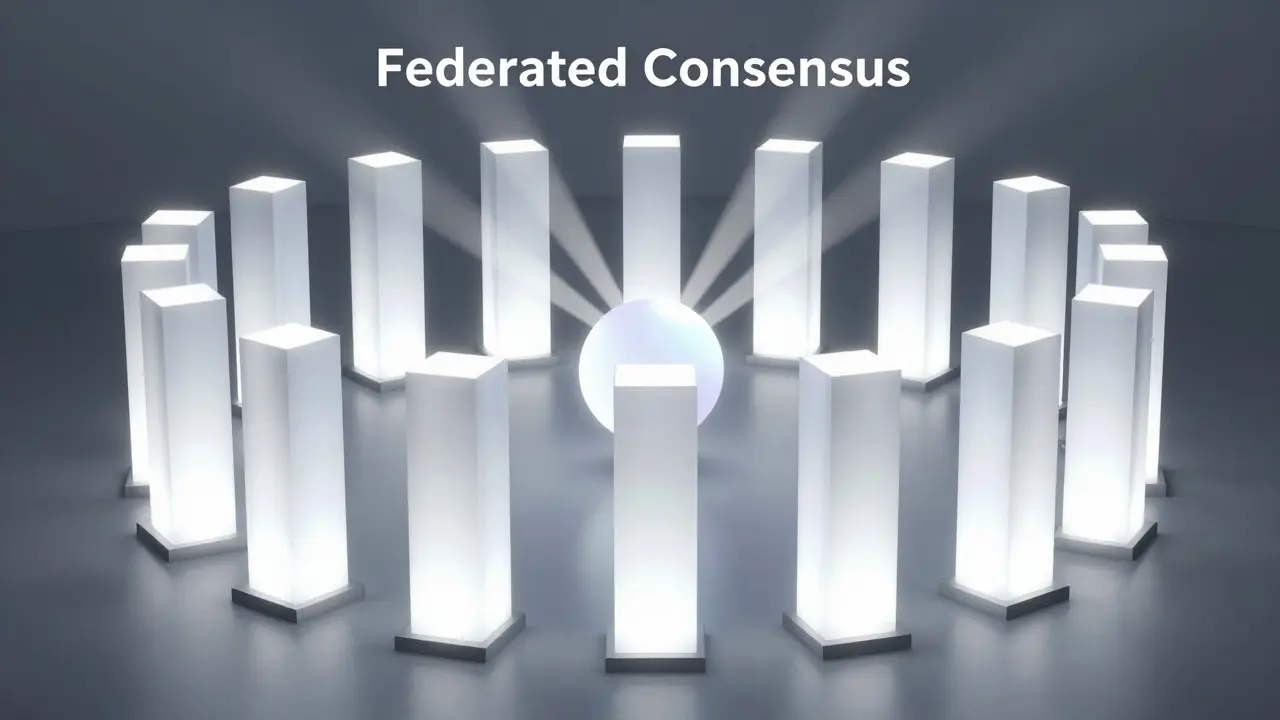 Geometric pillars representing federated consensus validating blocks