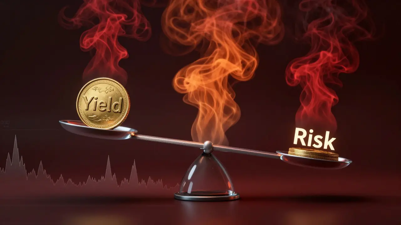 Glass scale balancing yield coin against volatile risk cloud